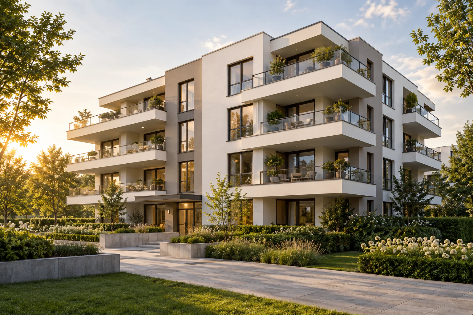 Ein modernes, dreistöckiges Haus mit Steinverkleidung und Balkonen in der Abenddämmerung